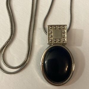 Black stone necklace brooch silvertone square topper, oval onyx
